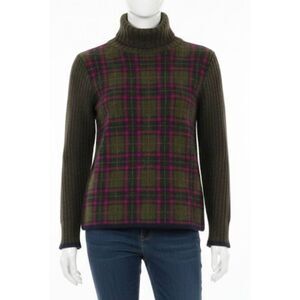 Belvedere Womens Small angora mohair turtleneck sweater green pink plaid Italy